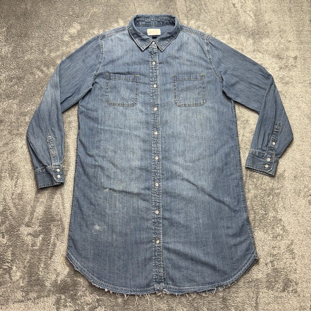 Universal Thread Denim Shirt Dress Womens‎ Medium Blue Button Front Raw Hem